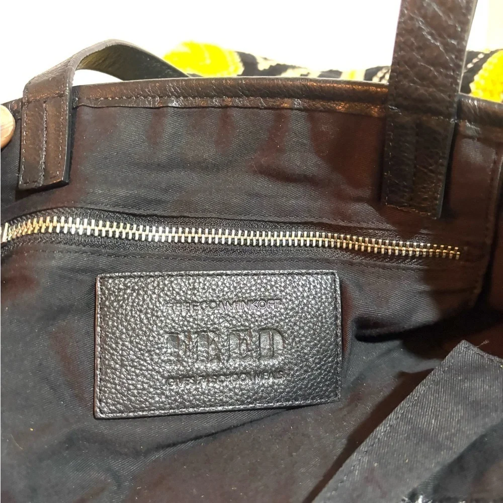 Rebecca Mankoff Black woven canvas leather and Yellow Patterned Tote Bag
